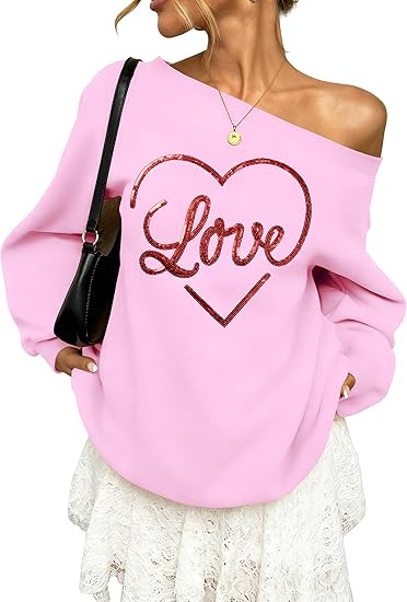BANGELY Valentines Off Shoulder Sweatshirt Women Love Heart Long Sleeve Shirt Casual Oversized Sw... | Amazon (US)