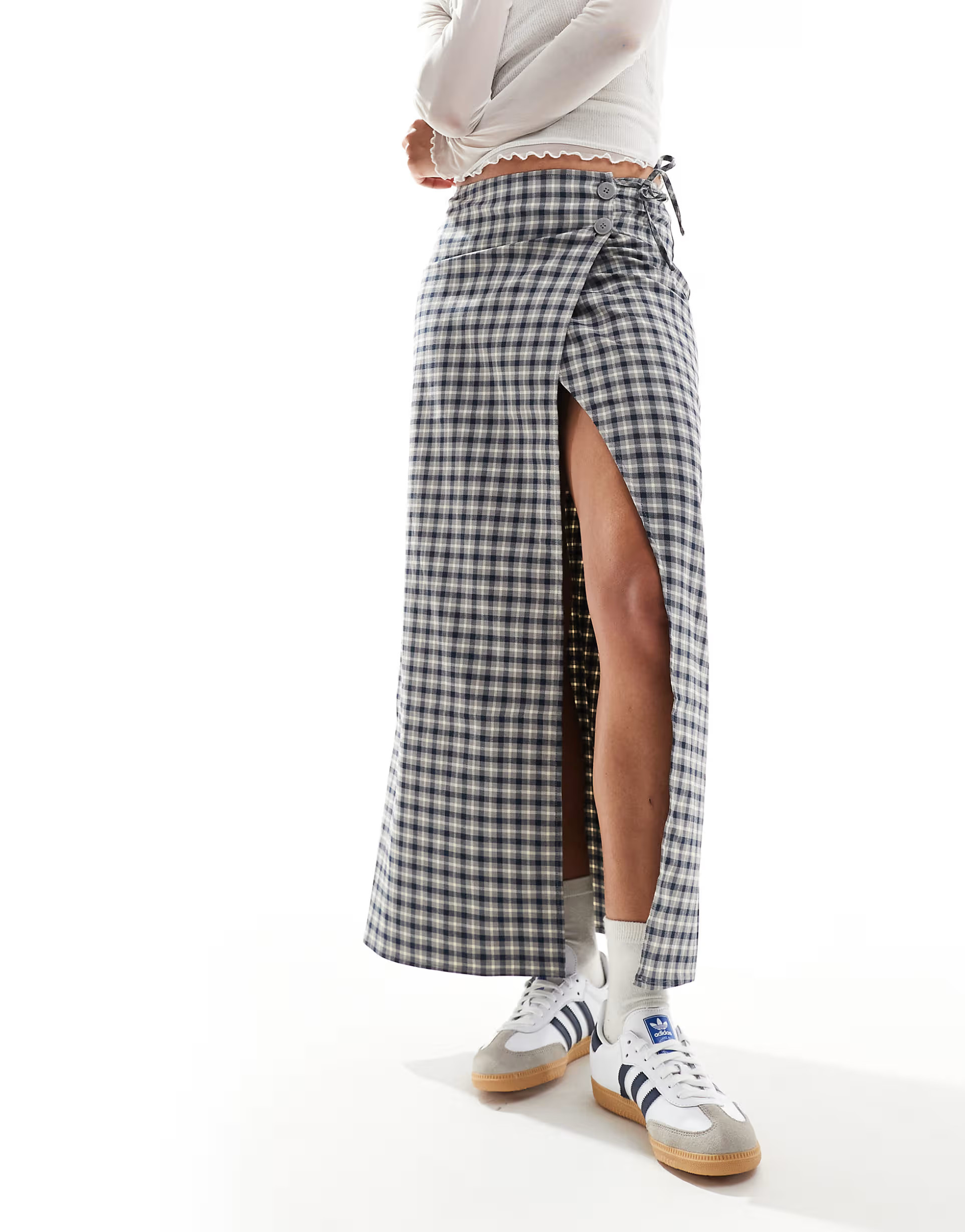 Monki midi wrap skirt in grey check | ASOS (Global)