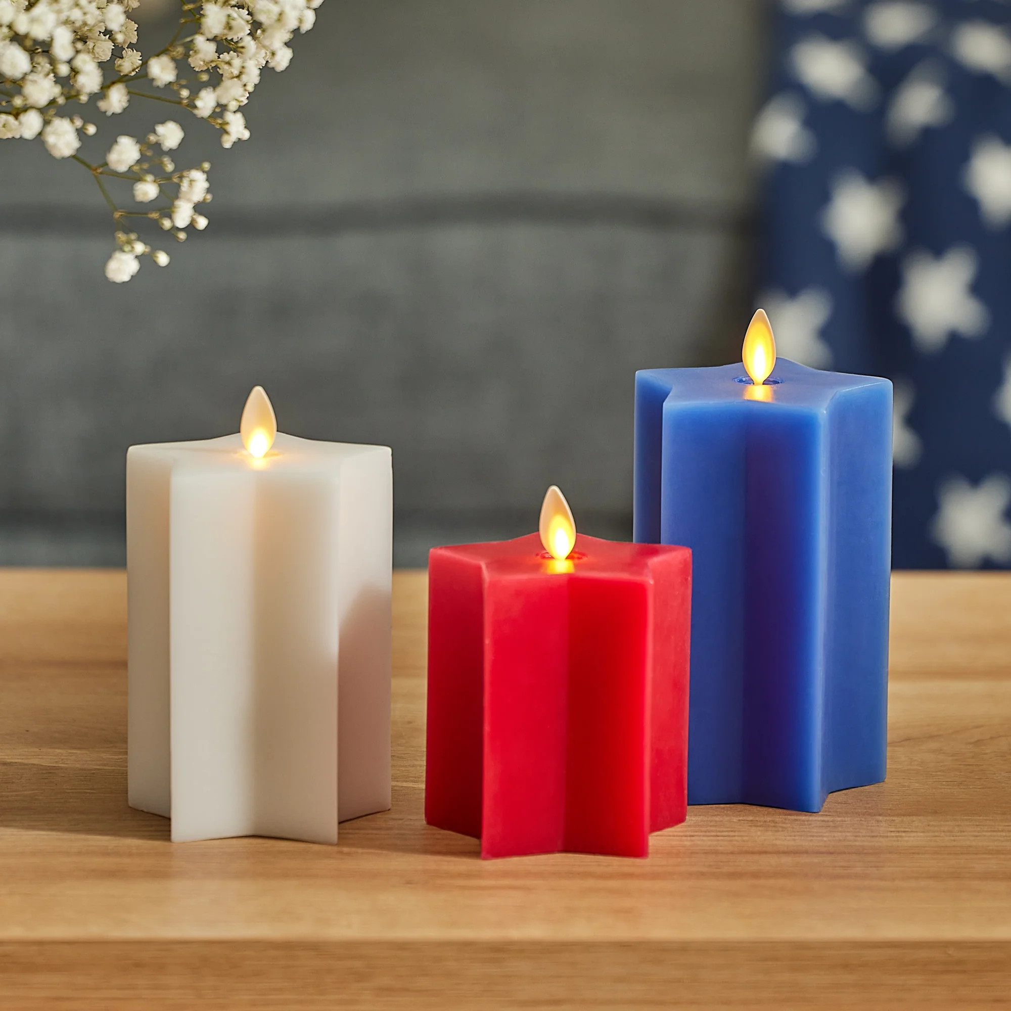 Set of 3 Red, White & Blue Star-shaped Flameless Candle Pillars | Luminara