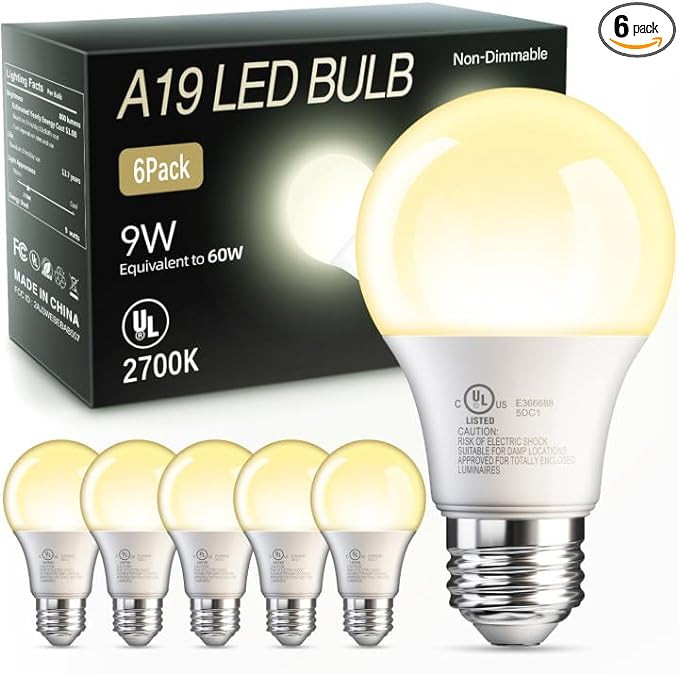 TJOY 6 Pack A19 LED Light Bulbs, 60 Watt Equivalent LED Bulb, Soft Warm White 2700K, Efficient 9W... | Amazon (US)