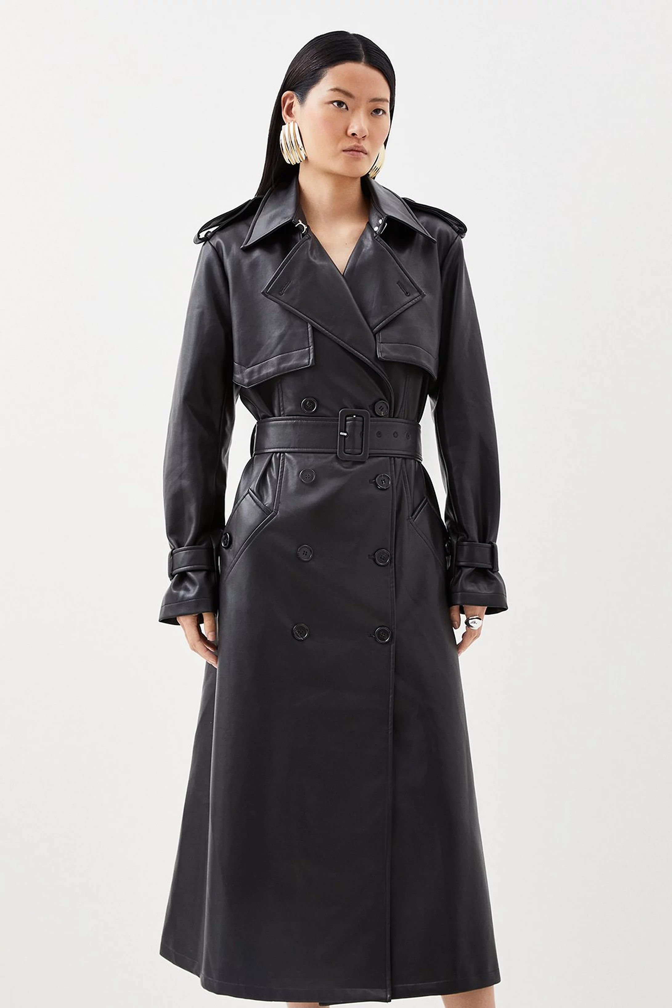 Tailored Faux Leather Belted Trench Coat | Karen Millen | Karen Millen US