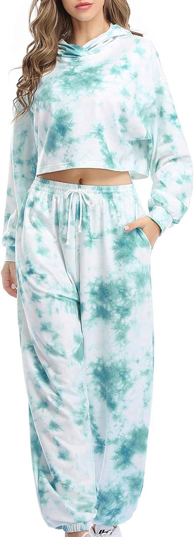 Sylanfia Women's Tie Dye Lounge Sets Crop Sweatshirt Hoodie 2 Piece Outfit Jogger Pant with Pocke... | Amazon (US)