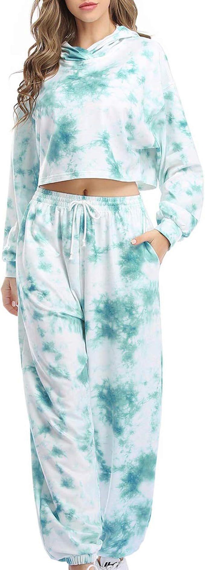 Sylanfia Women's Tie Dye Lounge Sets Crop Sweatshirt Hoodie 2 Piece Outfit Jogger Pant with Pocke... | Amazon (US)