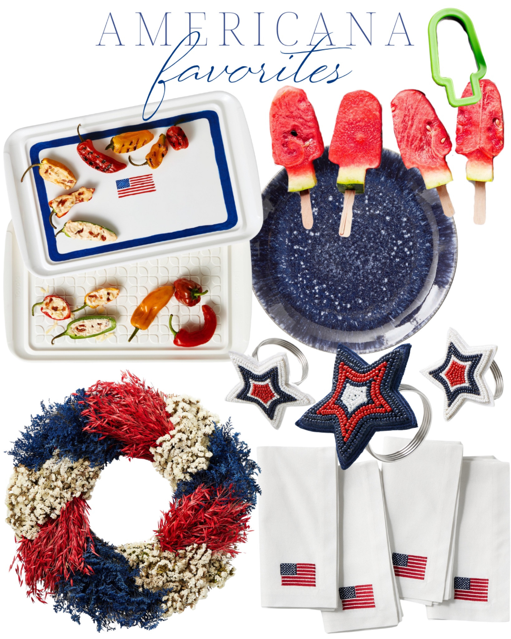 Americana favorites, patriotic, Fourth of July, red white and blue, fireworks, sparklers, summer, pool, beach, vacation, travel, family, kids, all American, flag, cornhole, hot holders, plates, serveware, bowls, hosting, parties, linen napkins, yeti cups, wreath, napkin rings, pie dish, watermelon popsicles, grill prep trays, chargers, stars, stripes 

#LTKHome #LTKFamily #LTKParties