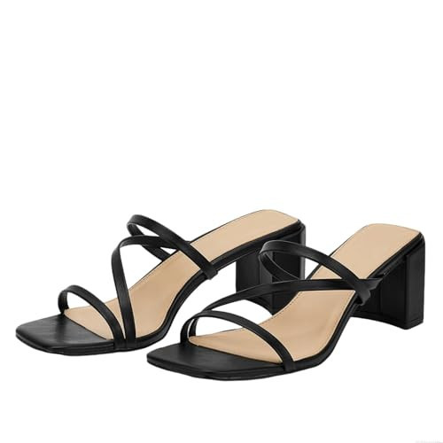 Lryweisy Women's Strappy Mules Sandals Low Block Heel Open Toe Black Size 6 | Amazon (US)