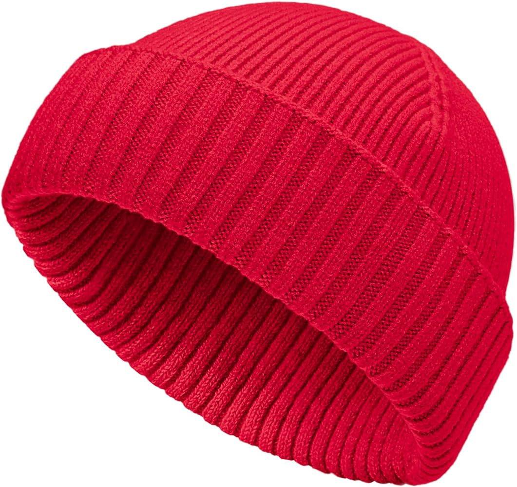 50% Wool Double Cuff Knit Beanie Hat for Men Women, Short Fisherman/Slouchy Warm Winter Skull Cap... | Amazon (US)