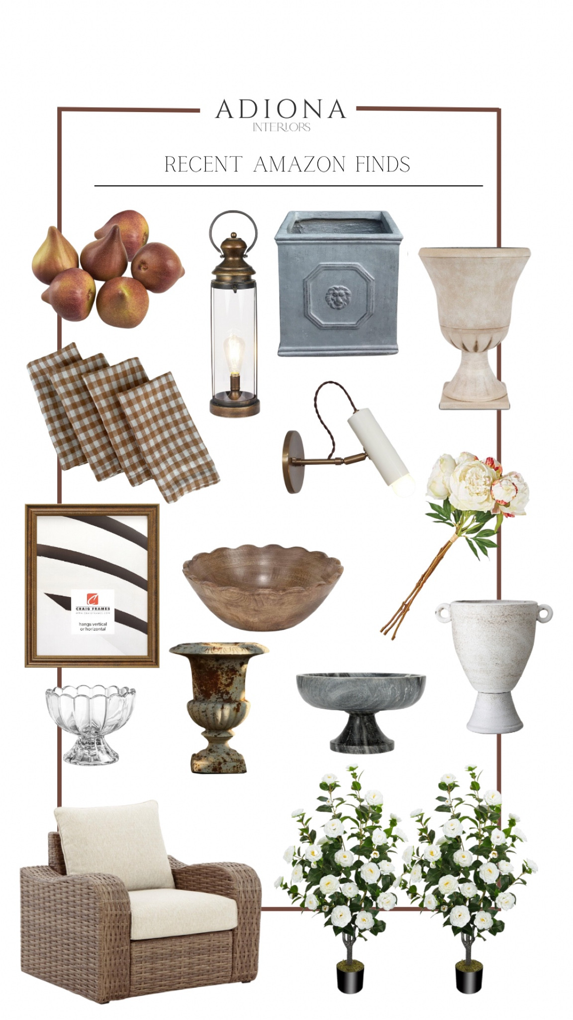 Recent Amazon home finds 

Outdoor furniture, lantern, lighting, sconces, picture frame, decorative bowl, faux stems, planters, faux fruit, bowl filler, European style planters, linen napkins 

#LTKSummerSales #LTKSaleAlert #LTKHome