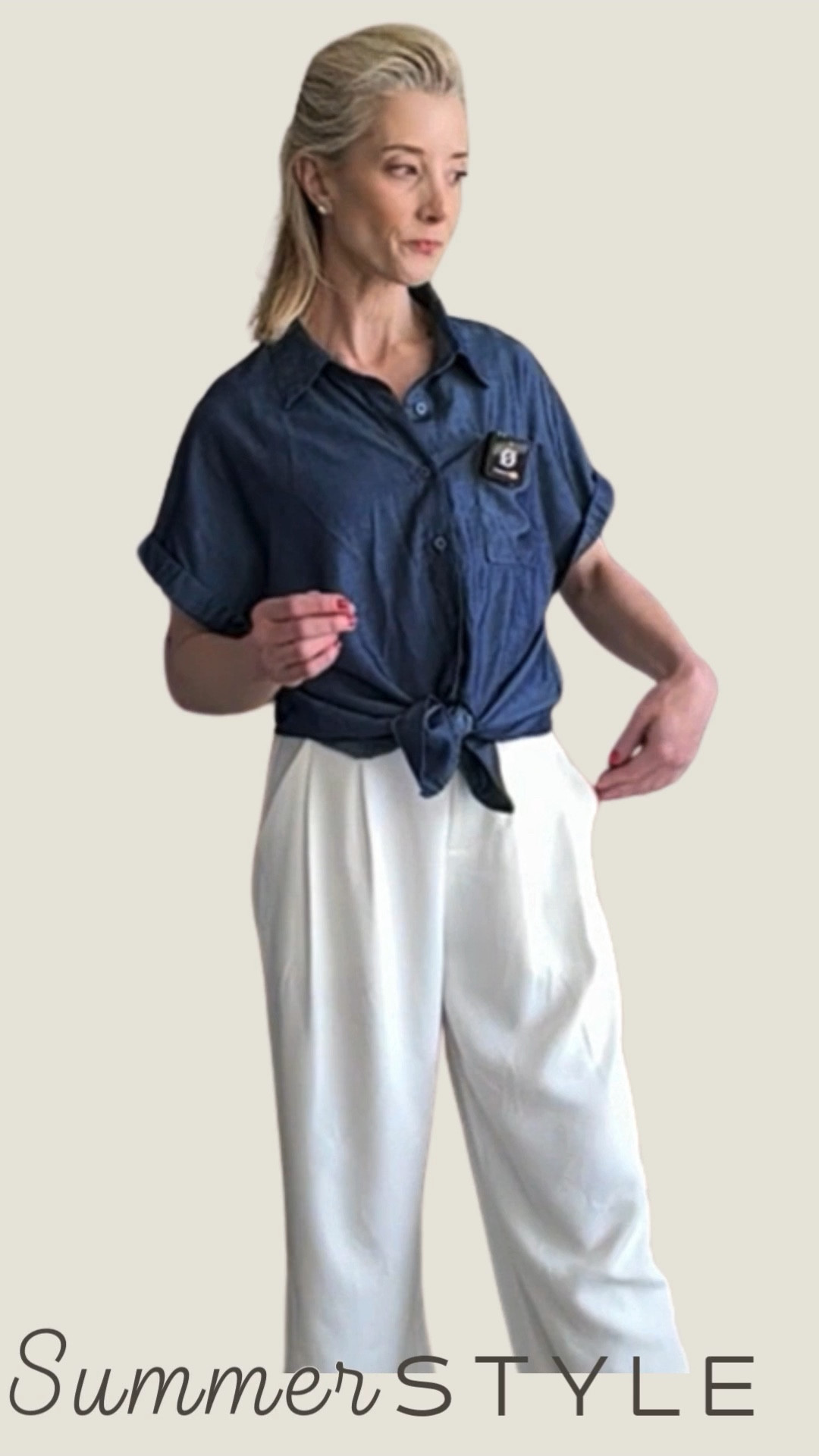 High waist white pants paired w a lightweight denim looking blouse. How to style this outfit ! Women’s summer outfits to mix and match and wear on repeat! 

#LTKSeasonal #LTKPetite #LTKStyleTip