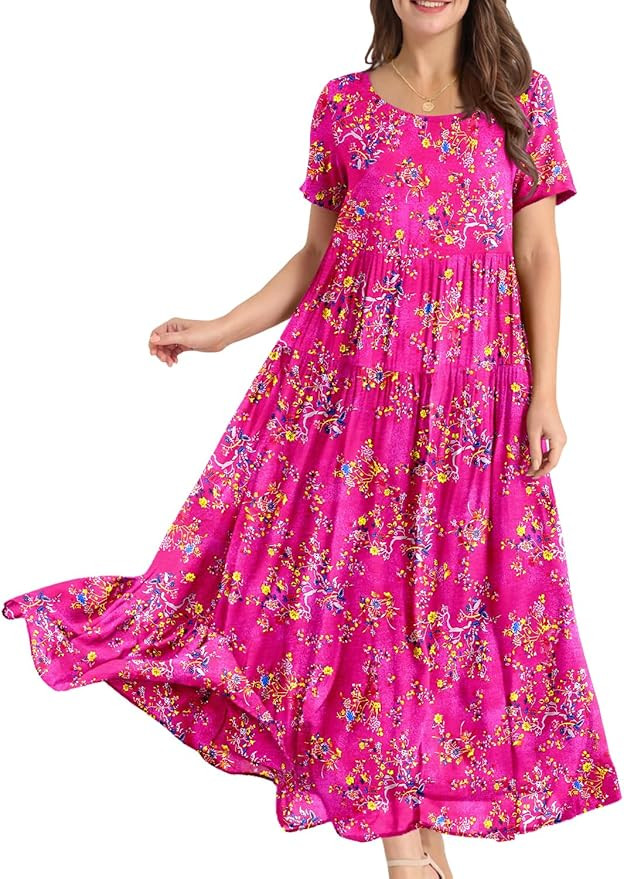YESNO Women Casual Loose Bohemian Floral Dress with Pockets Short Sleeve Long Maxi Summer Beach S... | Amazon (US)