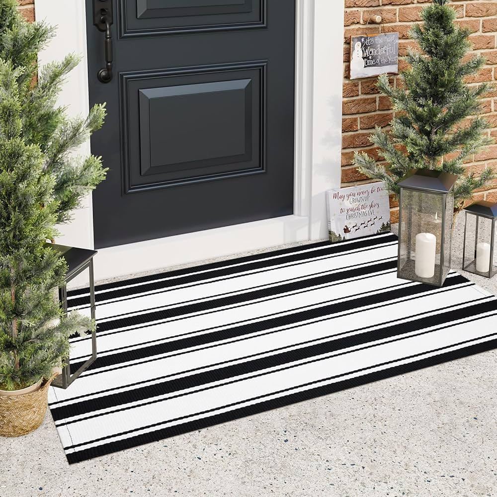 Collive Black and White Outdoor Rug, 2x4.3 Striped Front Door Rug Cotton Hand-Woven Reversible We... | Amazon (US)