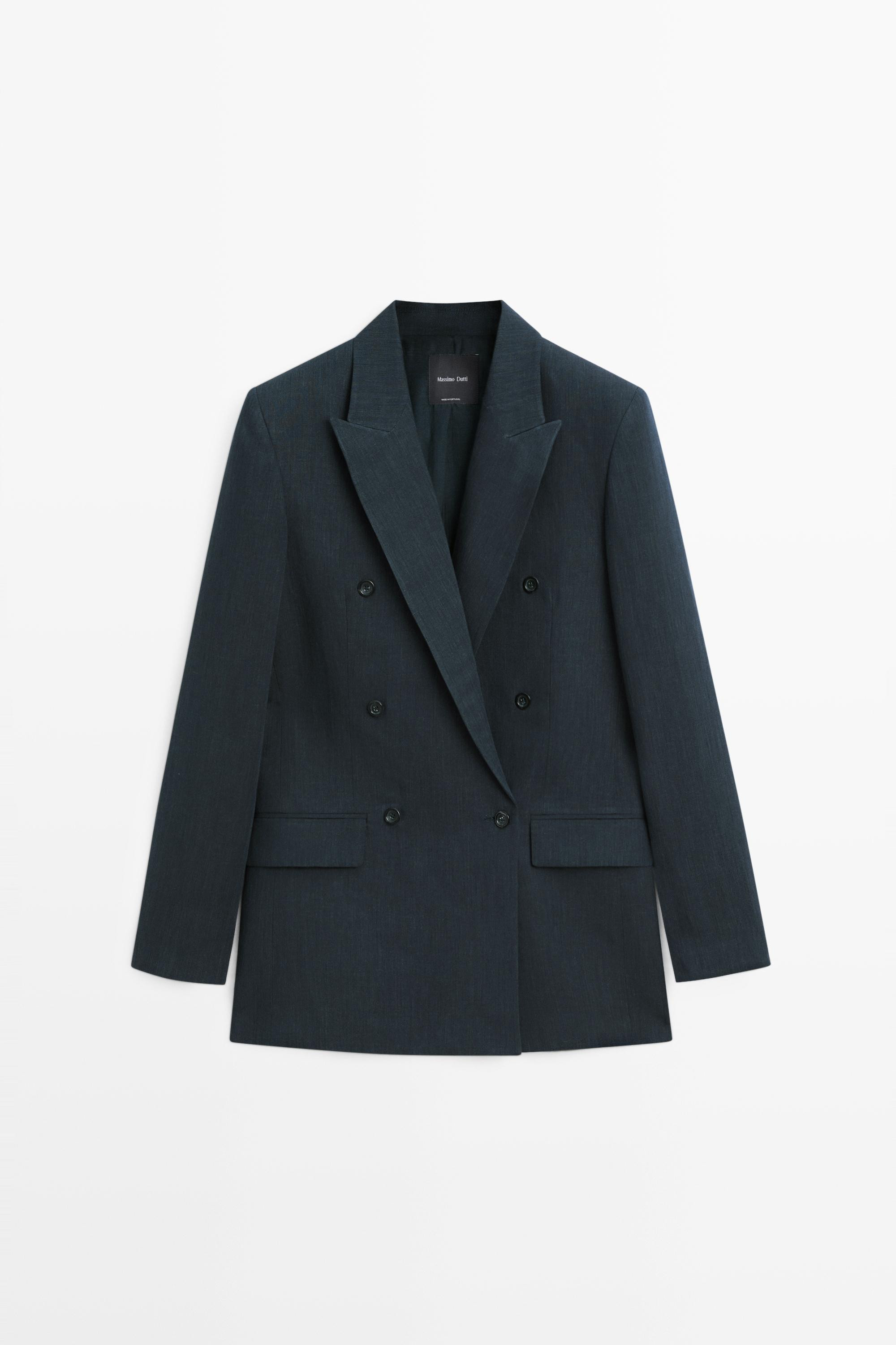 Double-breasted melange linen-blend blazer - NAVY BLUE | Massimo Dutti US