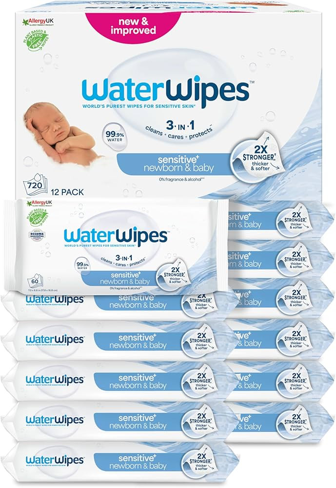 WaterWipes Sensitive+ Newborn & Baby Wipes, 720 Count (12 Packs), 3-In-1 Cleans, Cares, Protects,... | Amazon (UK)