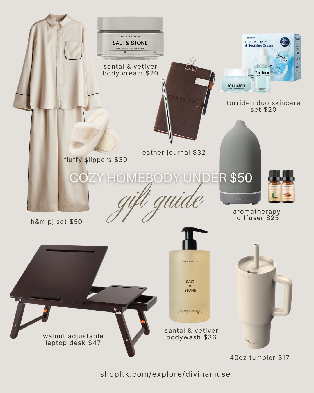 gift guide for the homebody under $50 - cozy edition. 
- satin womens pj lounge set. soft on skin. 
- calming, moisturizing, restorative body cream to smell like a spa, relax, and protect skin from harsh winter cold and dry skin 
- fluffy white slippers. super soft and snuggly 
- torriden skincare duo set. hydrating, for all skin types, skin will soak it right in for plumping moisture. 
- leather refillable journal for all their thoughts, dreams, notes. 
- aromatherapy minimalist diffuser. a nice add on would be a woody jasmine diffuser oil set so they can use it right away. 
- walnut adjustable laptop desk for bed. i use this every night! 
- santal bodywash. i love this brand. i'm addicted to their handcream. 
- 40oz tumbler with a straw. make sure they stay hydrated! very convenient and useful. 

#stockingstuffers #holidaygiftguide #giftsforher #skincaresets #affordablegifts #holidaygifts #pjsets #leathernotebooks #giftguide2025 #giftguide 

 #LTKCyberWeek #LTKGiftGuide #LTKFindsUnder50