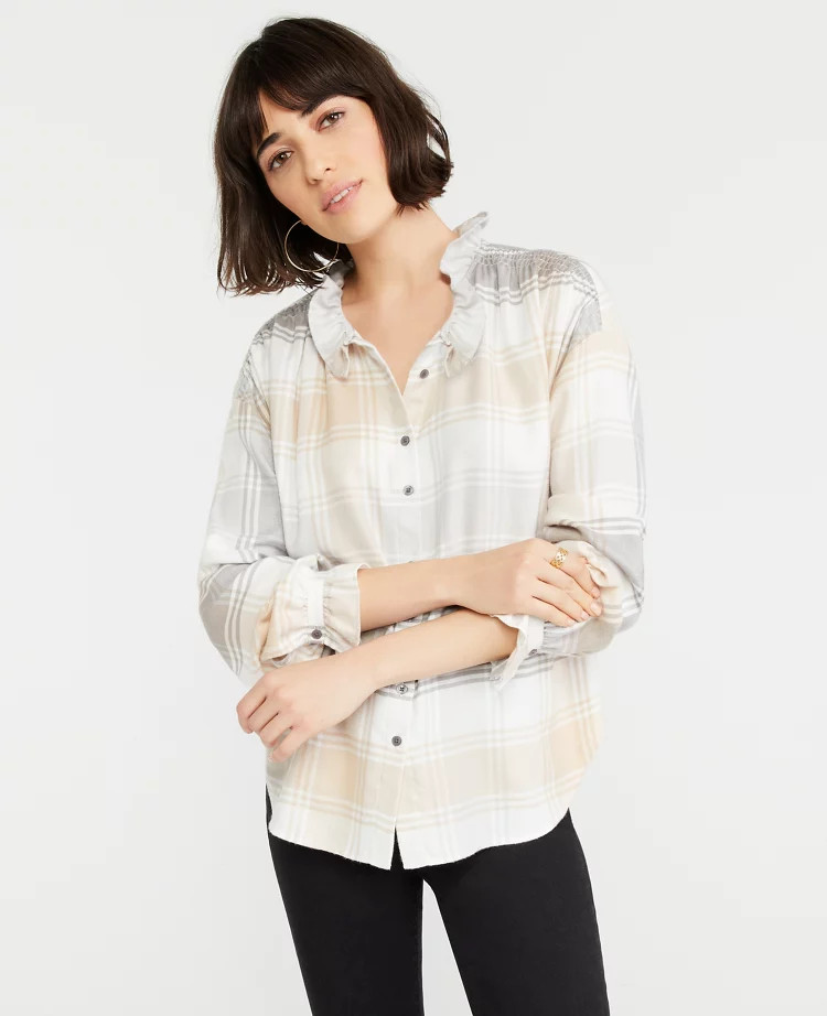 Plaid Ruffle Neck Top | Ann Taylor (US)