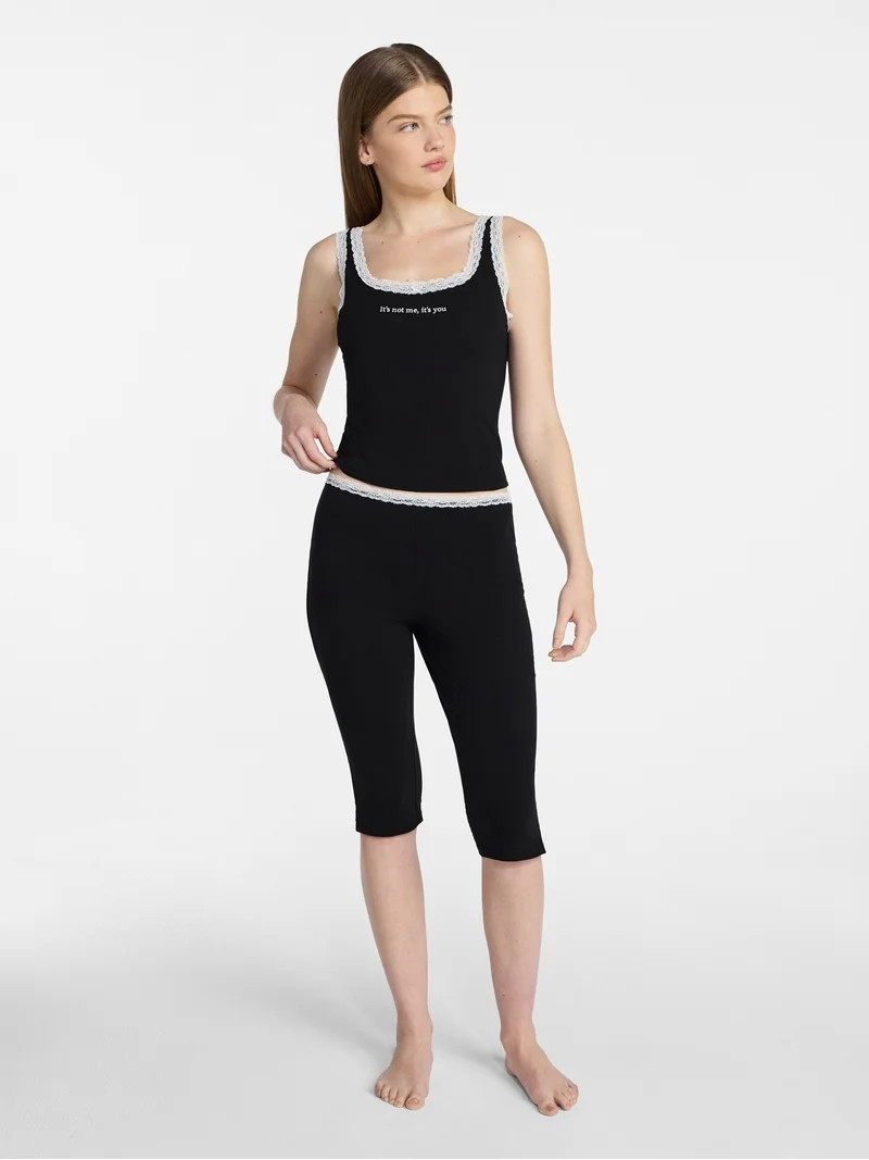 No Boundaries Lace Tank Top and Capri Pants Sleep Set, 2-Piece, Women's XXS-3X | Walmart (US)