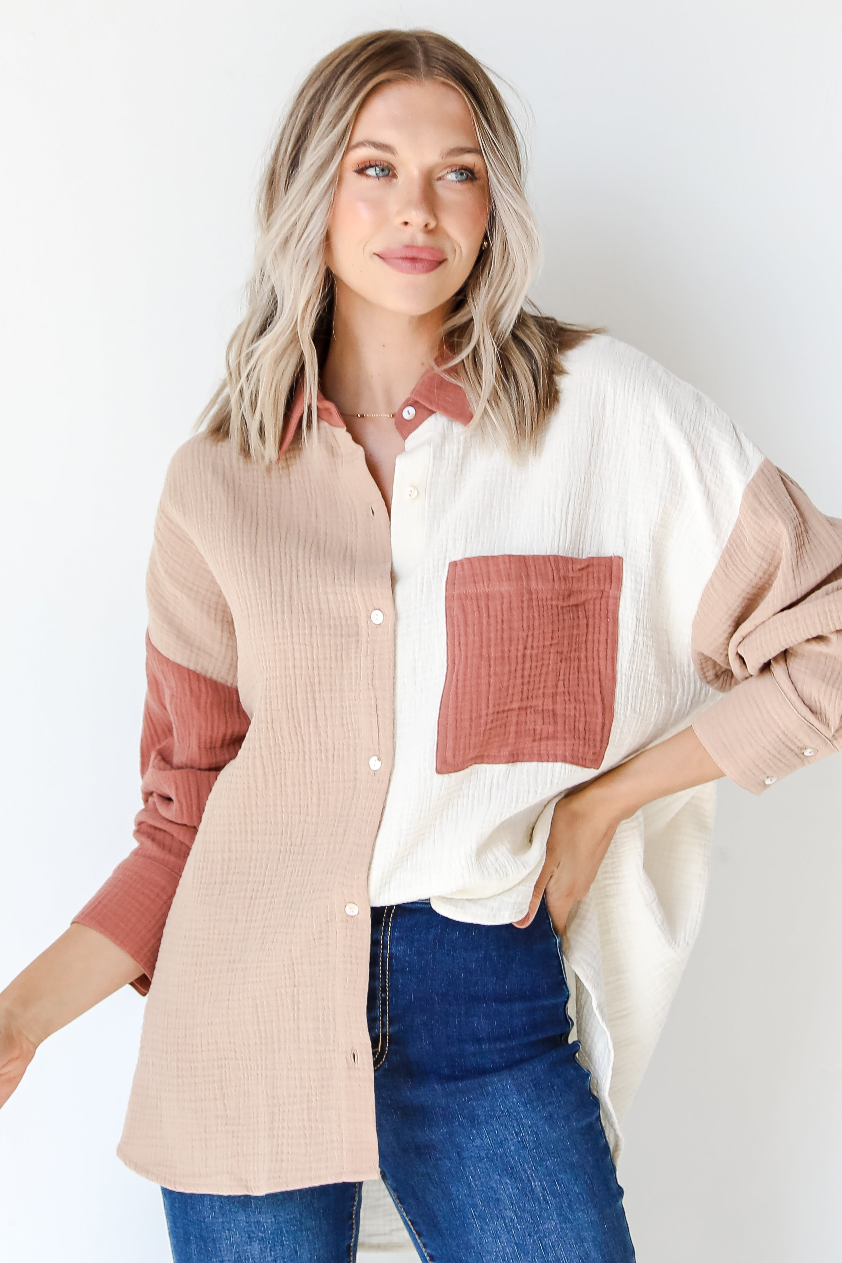Totally Timeless Color Block Linen Button-Up Blouse | Dress Up