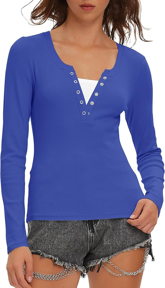 Beaully Womens Long Sleeve Shirts V Neck Henley Tops Slim Fit Basic Going Out Tshirts Fall Fashio... | Amazon (US)