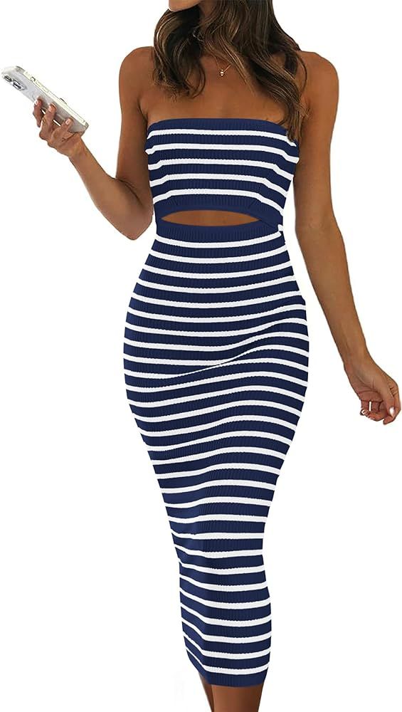 PRETTYGARDEN Women's Summer Midi Bodycon Dress Strapless Cut Out Knit Tube Long Fitted Dresses | Amazon (US)
