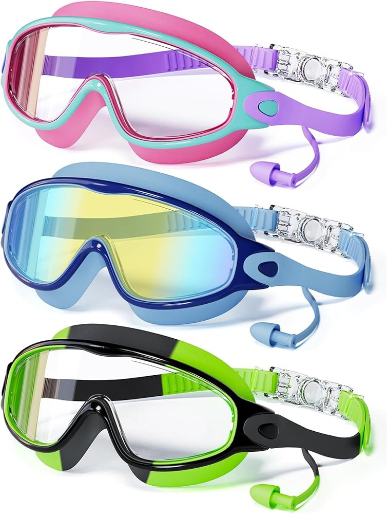 3 Pack Swimming Goggles, Kid Goggles with Earplugs Large Frame Anti-Fog/UV Wide View Swim Goggles... | Amazon (US)