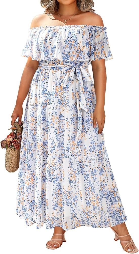 Plus Size Chiffon Off The Shoulder Maxi Long Floral Summer Casual Beach Boho Sundress Women 2024 | Amazon (US)
