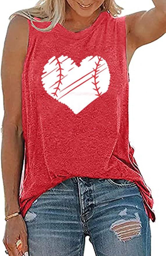 TAOHONG Baseball Tank Top Women Heart Print Baseball Tanks Cute Workout Graphic Casual Summer Sle... | Amazon (US)