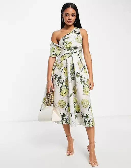 ASOS DESIGN bare shoulder prom midi dress in floral print | ASOS (Global)