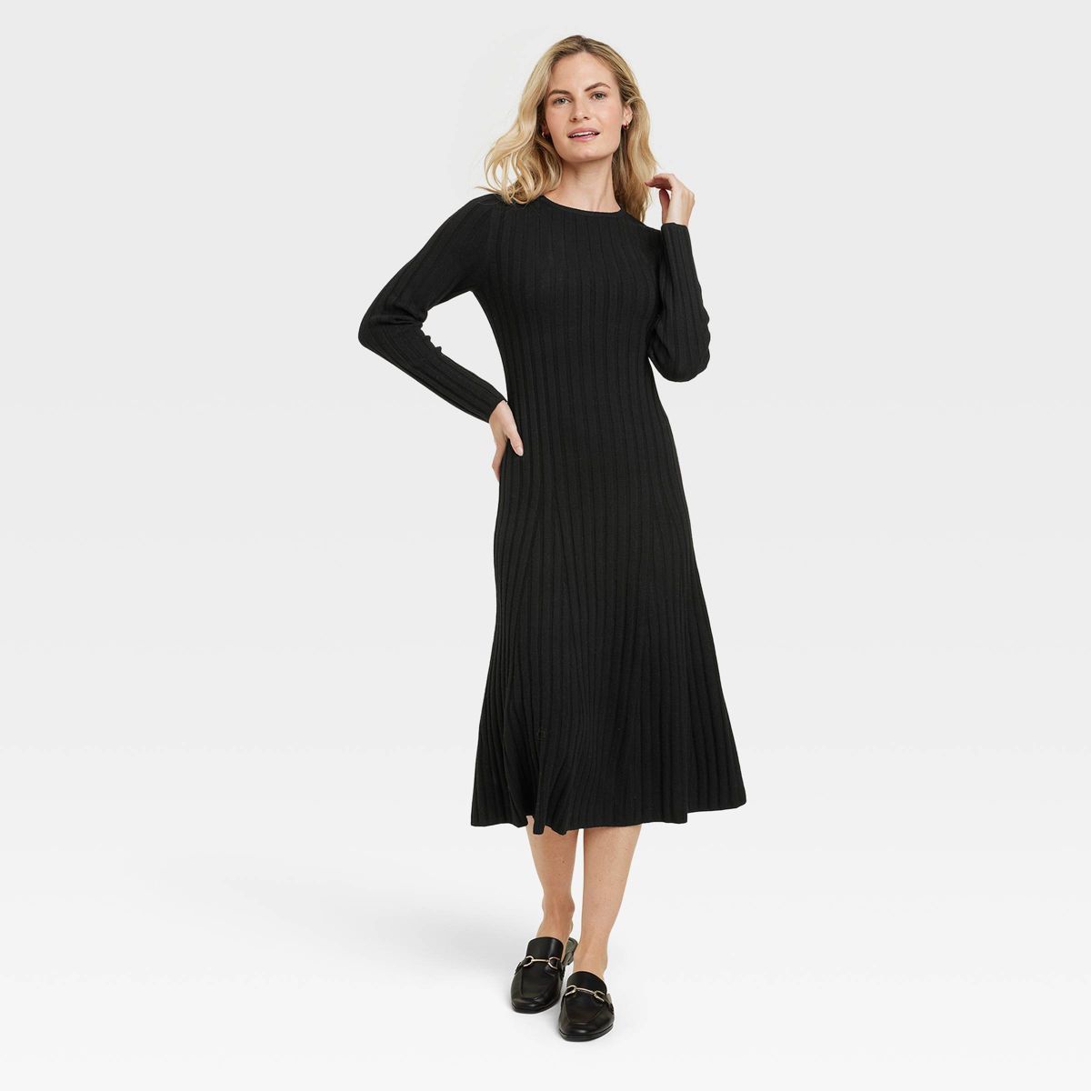 Women's Long Sleeve Midi Ribbed Sweater Dress - A New Day™ Black L | Target