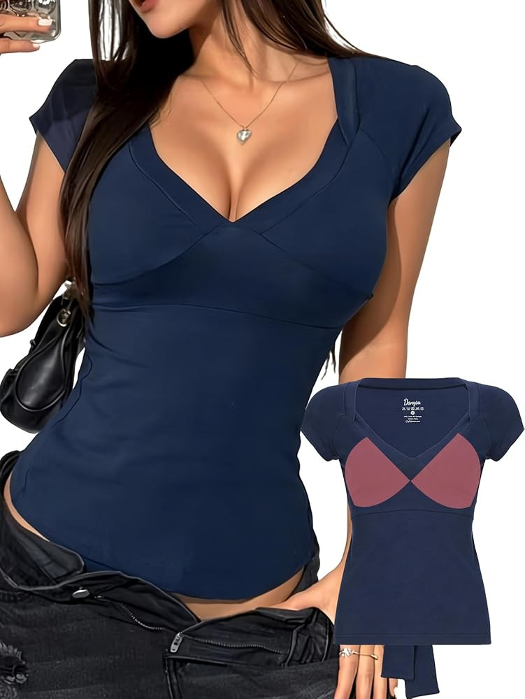 Danysu Tie Back Snatching Tops Padded Sexy V Neck T Shirt Cotton Cute Going Out Tee | Amazon (US)