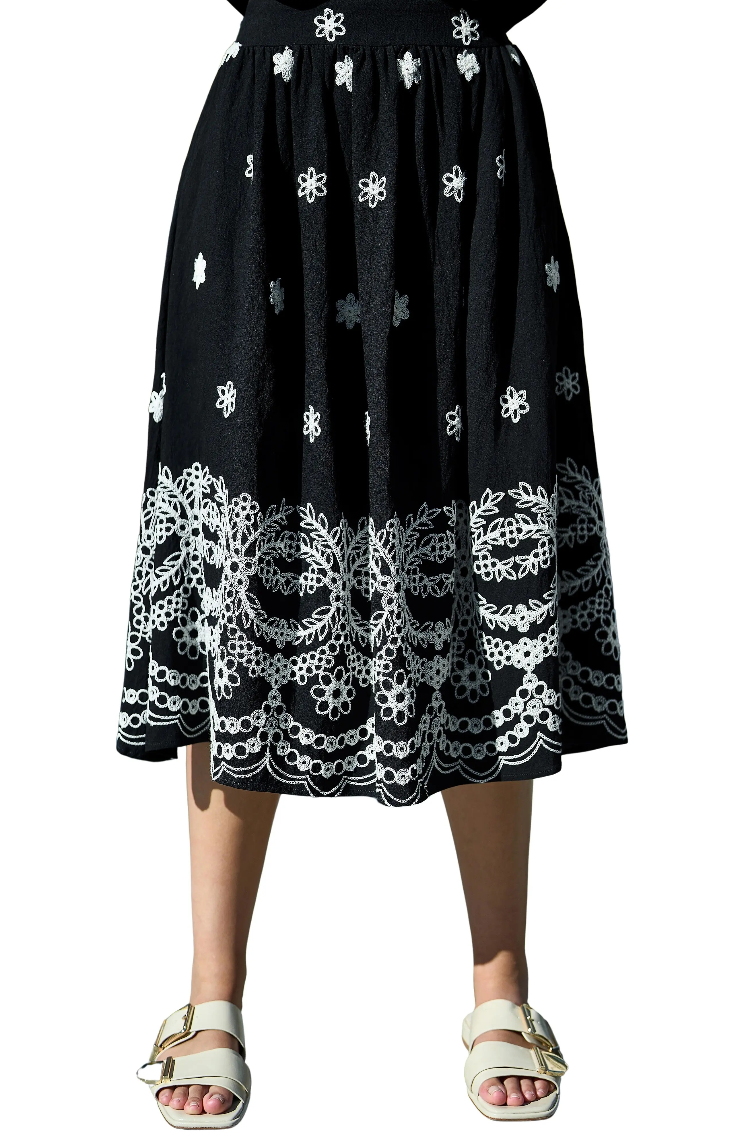 Yumi Embroidered Midi Skirt in Black at Nordstrom, Size 6 | Nordstrom