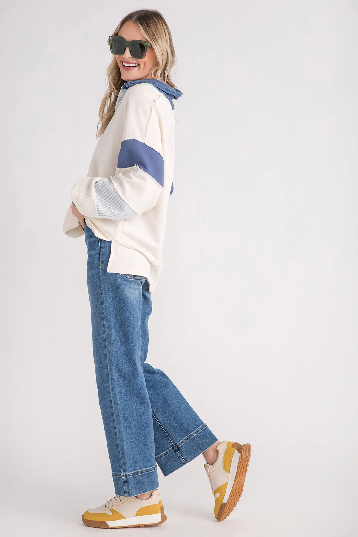 Bucketlist French Terry Knit Color-Block Collared Tunic Top | Social Threads