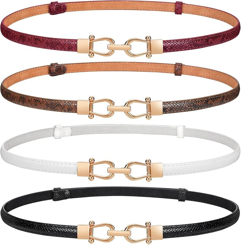 LEACOOLKEY Women Skinny Waist Belt with Gold Buckle Adjustable Leather Thin Waist Belt for Dress | Amazon (US)