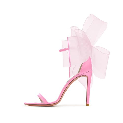 Coutgo Women's Bow Heels Open Toe Stiletto Heels One Strap Bridal Wedding Asymmetric Non-Removable Bow Knot Heeled Sandals, Pink, Size 8 | Amazon (US)