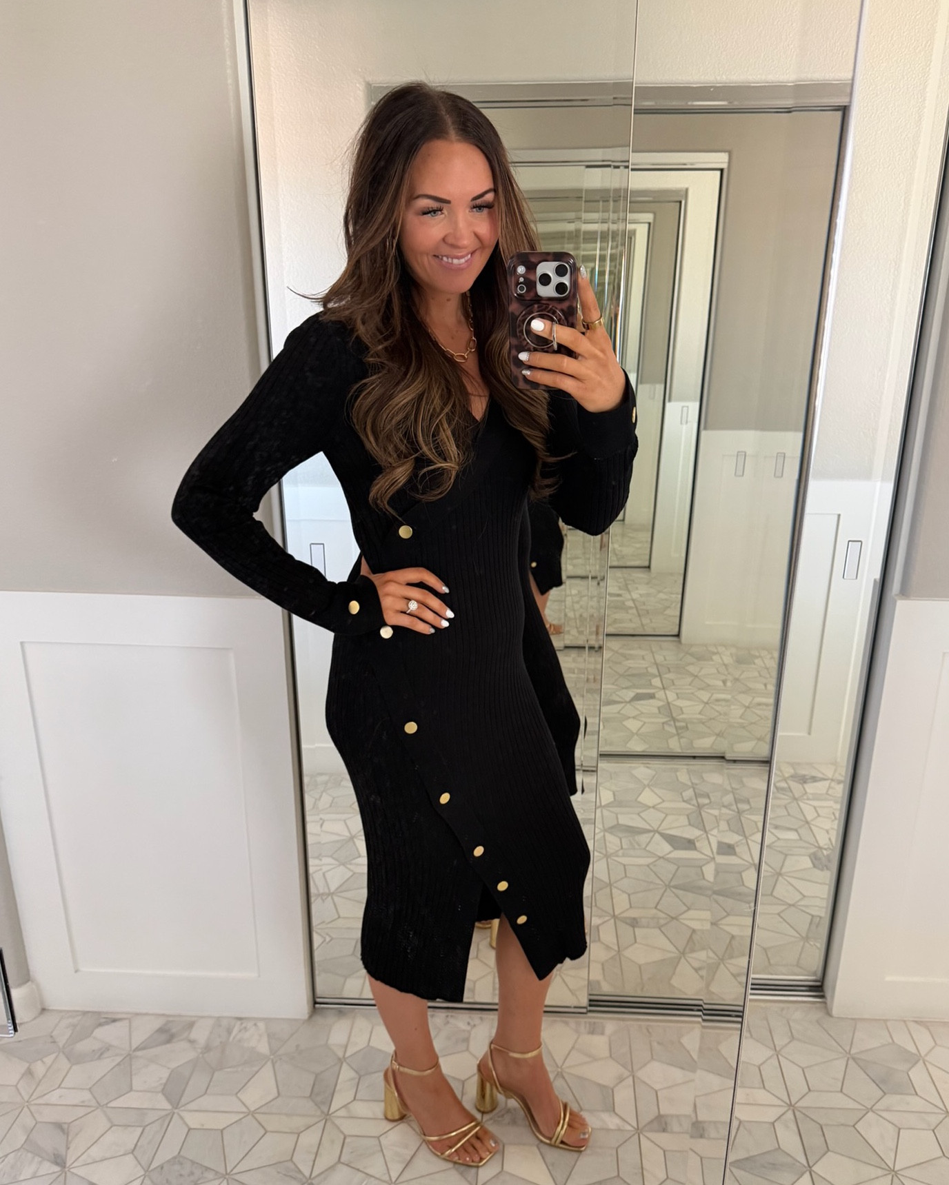 🖤 Button wrap black midi long sleeve dress paired with gold strappy square heel 

Macy’s & Amazon ✨

#LTKFindsUnder50 #LTKMidsize #LTKootd