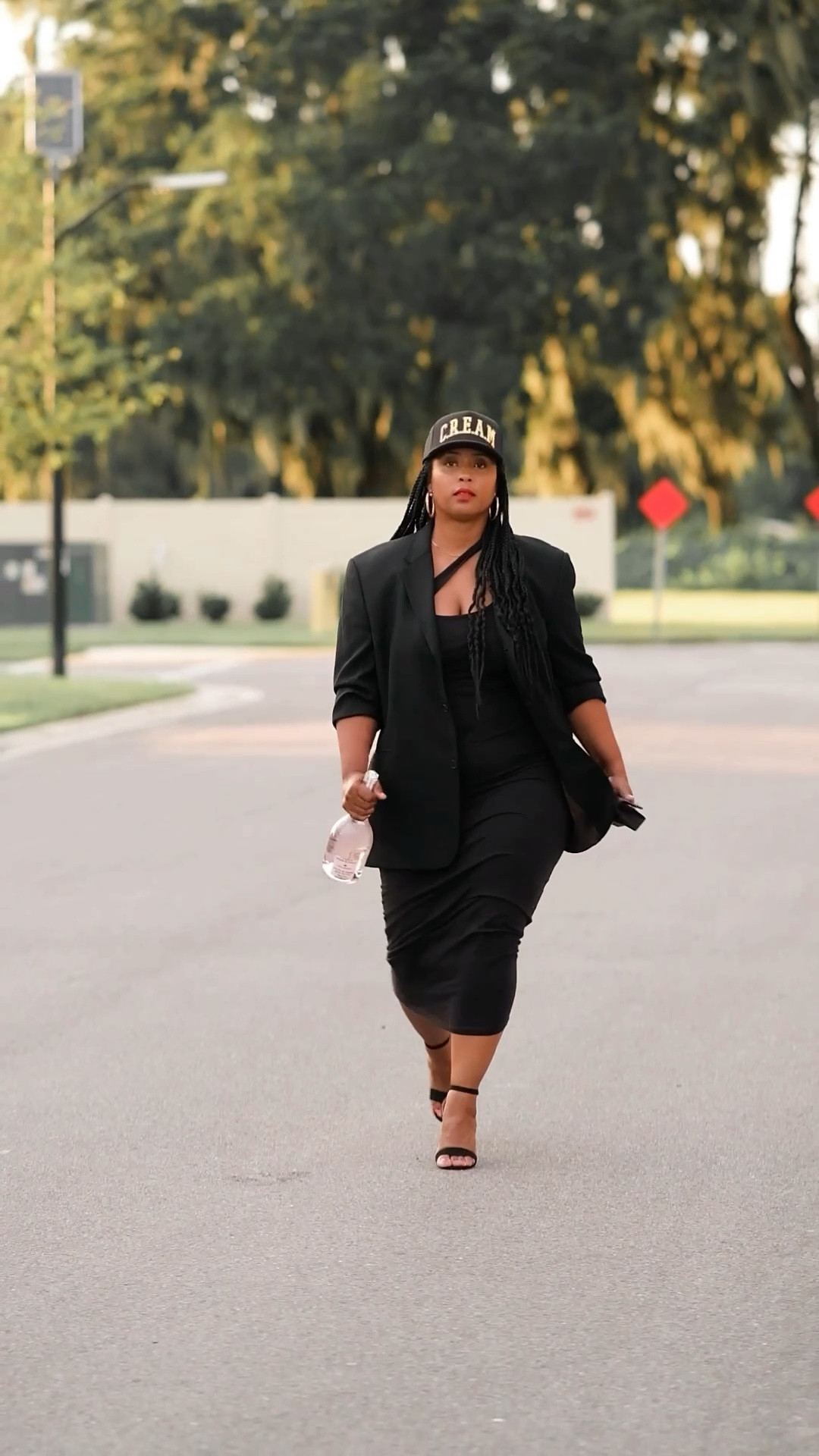 Black body con dress, trucker hat, black oversized blazer, black strap sandals 

#LTKFind #LTKxPrimeDay