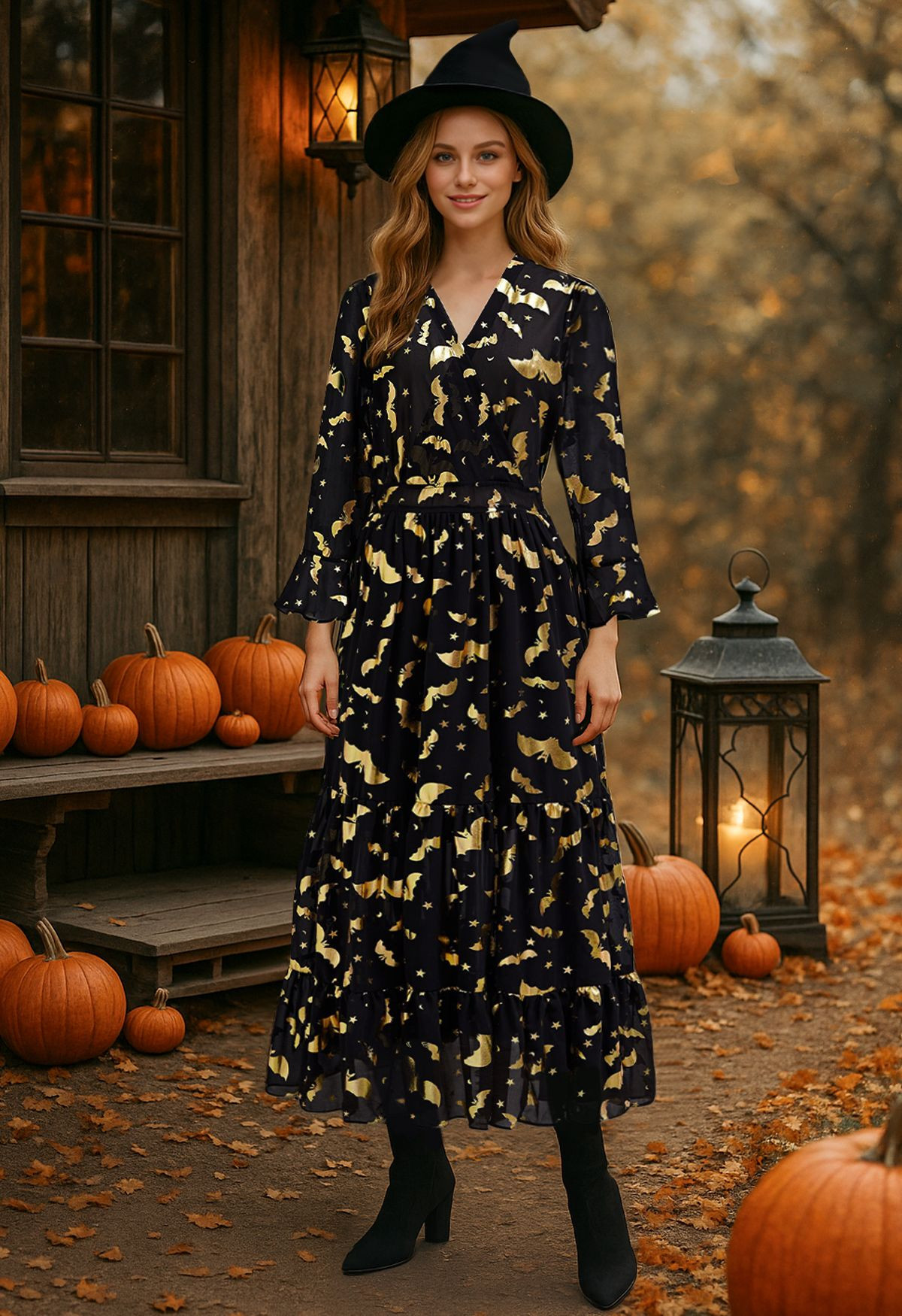 Metallic Gold Bats Chiffon Maxi Dress Halloween Costumes | Chicwish
