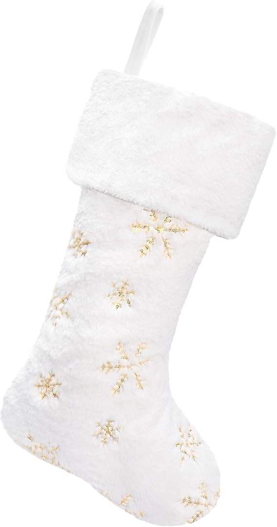 White Christmas Stockings Soft Plush Faux Fur Xmas Stocking with Golden Sequin Glitter Snowflake ... | Amazon (US)