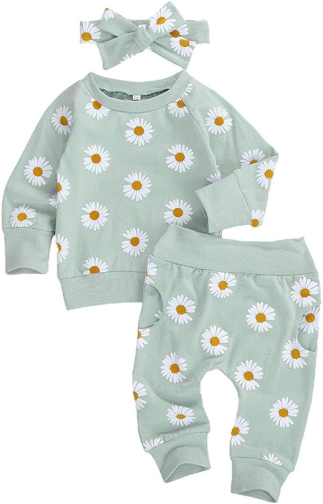 CIYCUIT 3Pcs Baby Girl Outfits Daisy Sweatshirt + Pants + Headband Infant Fall Winter Clothes | Amazon (US)