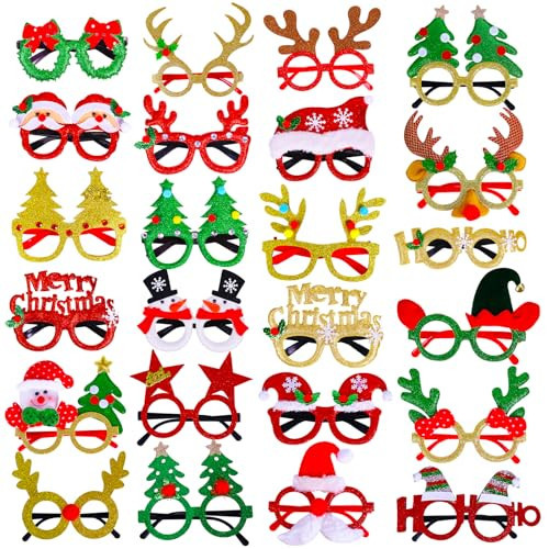 Max Fun 24pcs Christmas Glitter Party Glasses Frames with 24 Designs Decorations Accessories for Christmas Party Favors Holiday Favors (One Size Fits All) | Amazon (US)