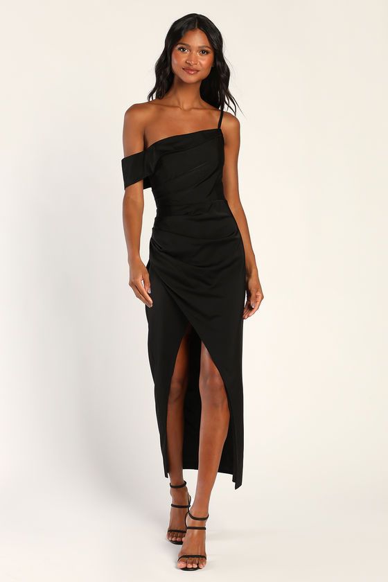 Showing Off a Little Black Asymmetrical Tulip Midi Dress | Lulus (US)