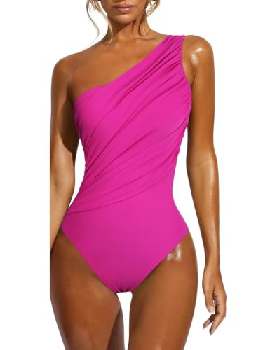 Hilor Sexy One Shoulder 1 Piece Bathing Suits for Women Ruched Monokini Swimwear Long Torso Swimsuits Hot Pink 14 | Amazon (US)