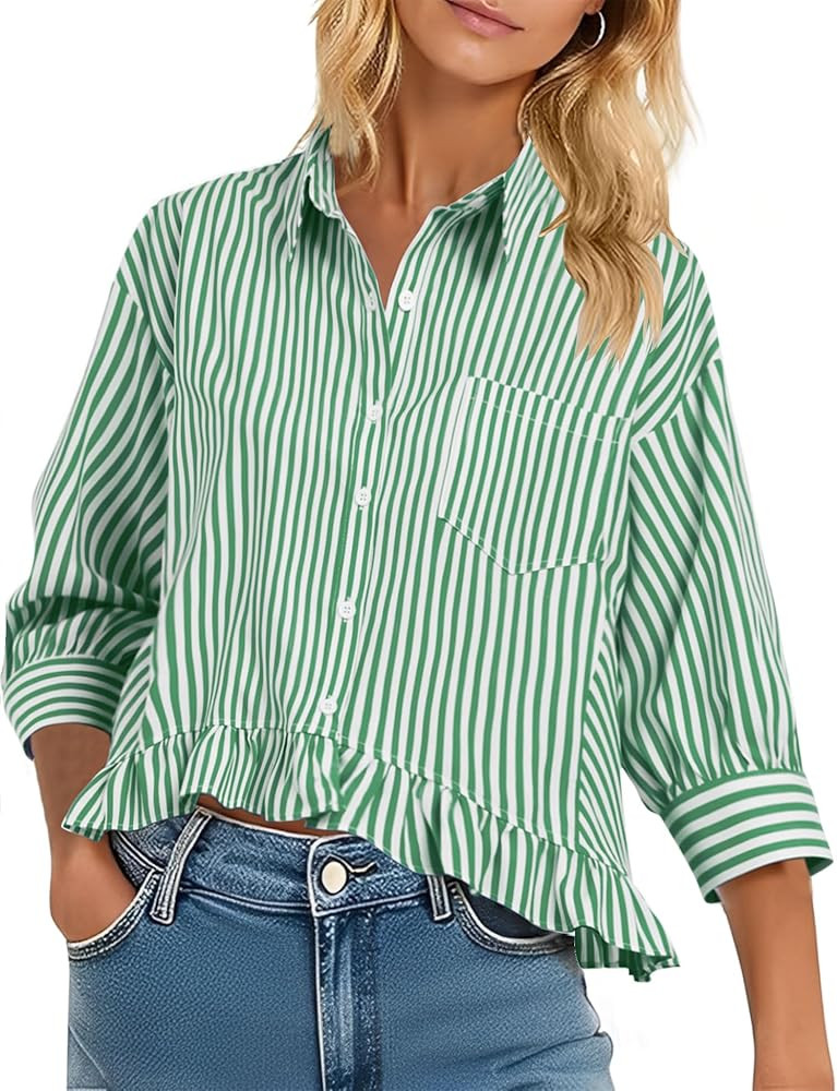 LOMON Womens 3/4 Sleeve Button Down Tops Dressy Casual Collared Shirts Blouses Ruffle Babydoll To... | Amazon (US)
