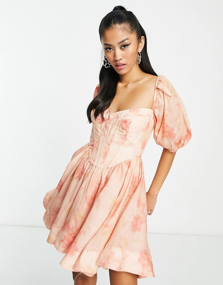 Bardot puff sleeve corset mini dress in apricot floral-Orange | ASOS (Global)