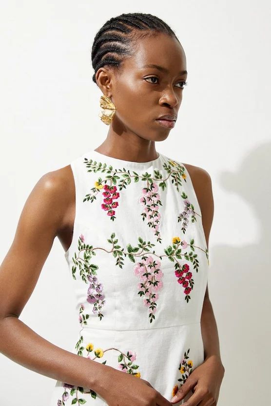 Floral Embroidered Cotton Linen Woven Mini Dress | Karen Millen US