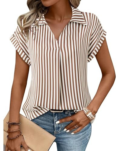 Gaharu Work Shirts Women's Business Casual: Lightweight Chiffon Blouse with Collar - Professional Office Wear Striped Coffee XXL | Amazon (US)