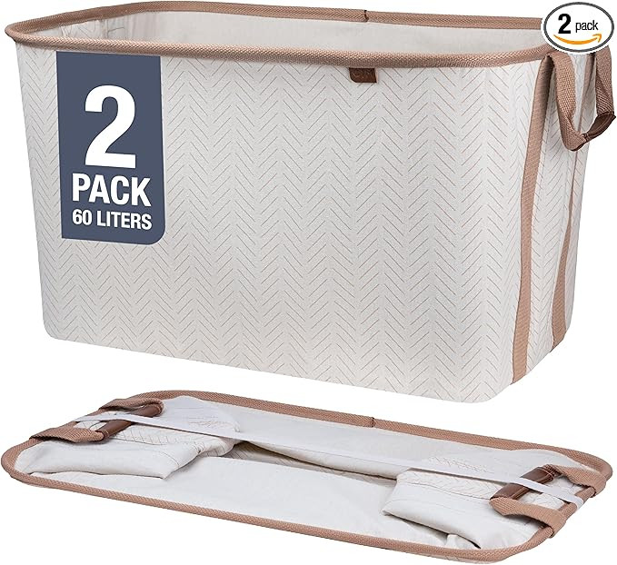 CleverMade Collapsible Laundry Baskets, LUXE Cream Herringbone 2PK - 60L (16 Gal) Foldable Laundr... | Amazon (US)