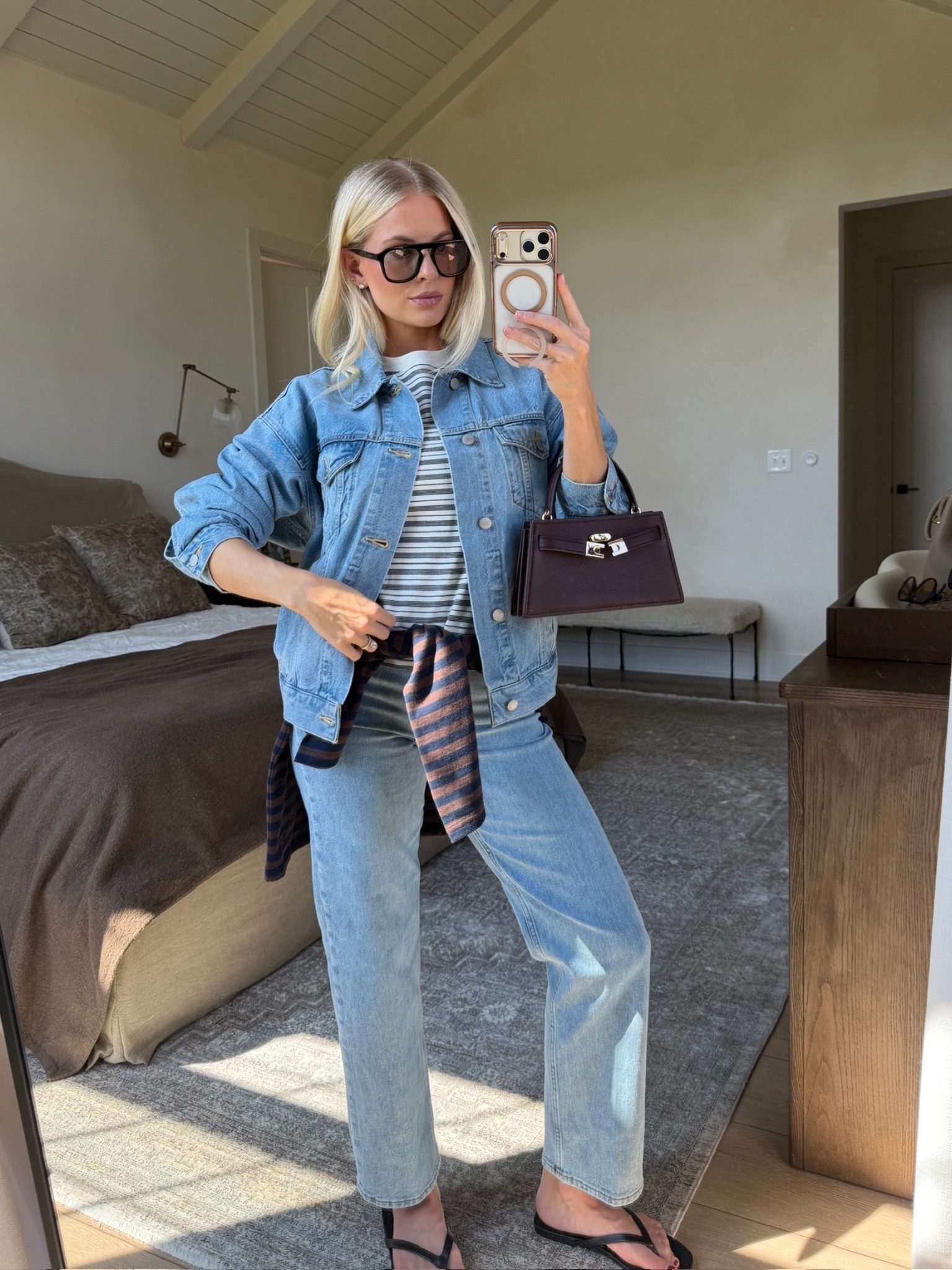 SIZE: med in tees & jacket, 28 in jeans (sized up for pp - 7 Yrs Bleu Taboo), linked similar shoes & bags! #kathleenpost

Fall transition outfit, fall outfit Inspo, denim on denim

#LTKootd