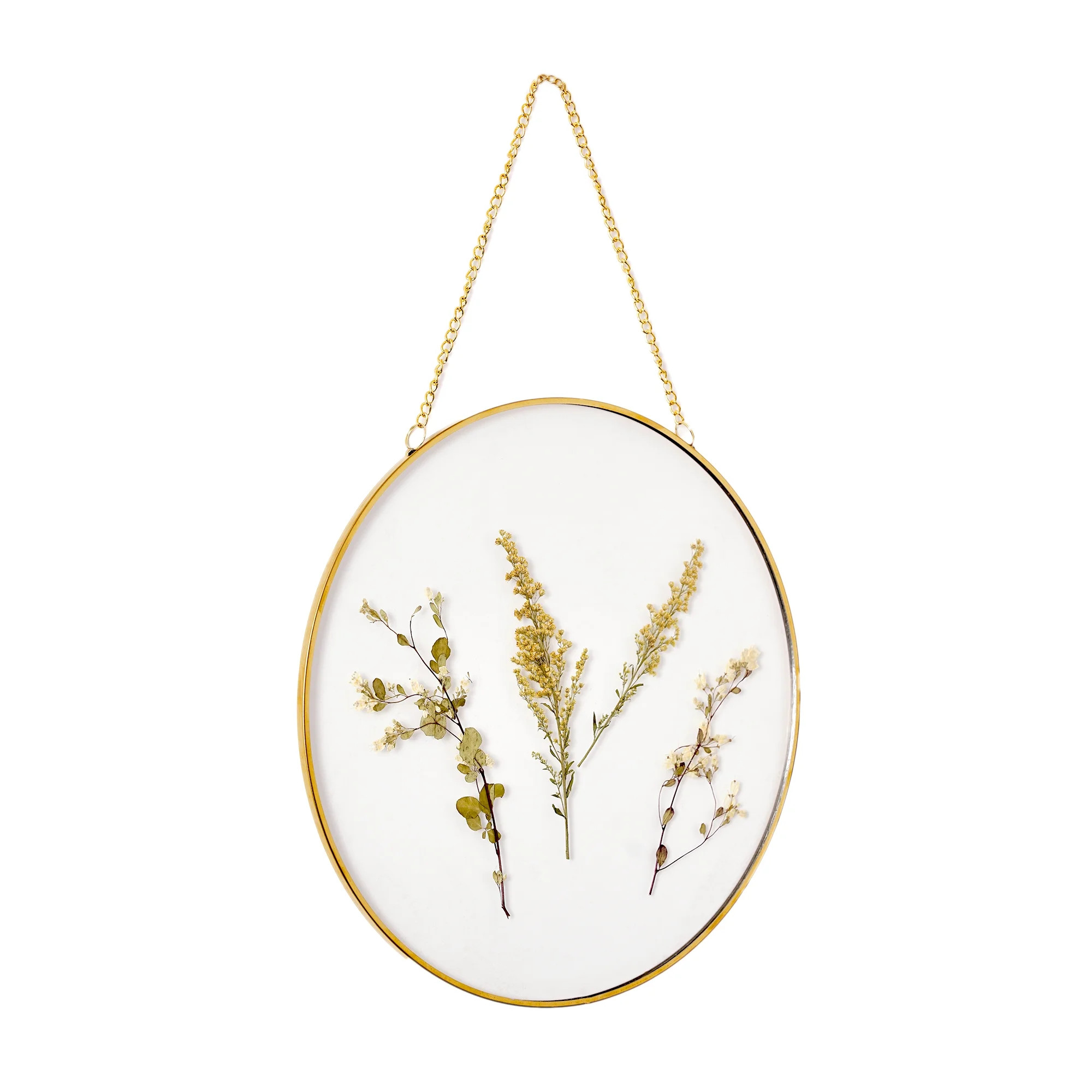Hanging Gold Circular Framed Glass Dried Pressed Floral Wall Decor - Walmart.com | Walmart (US)