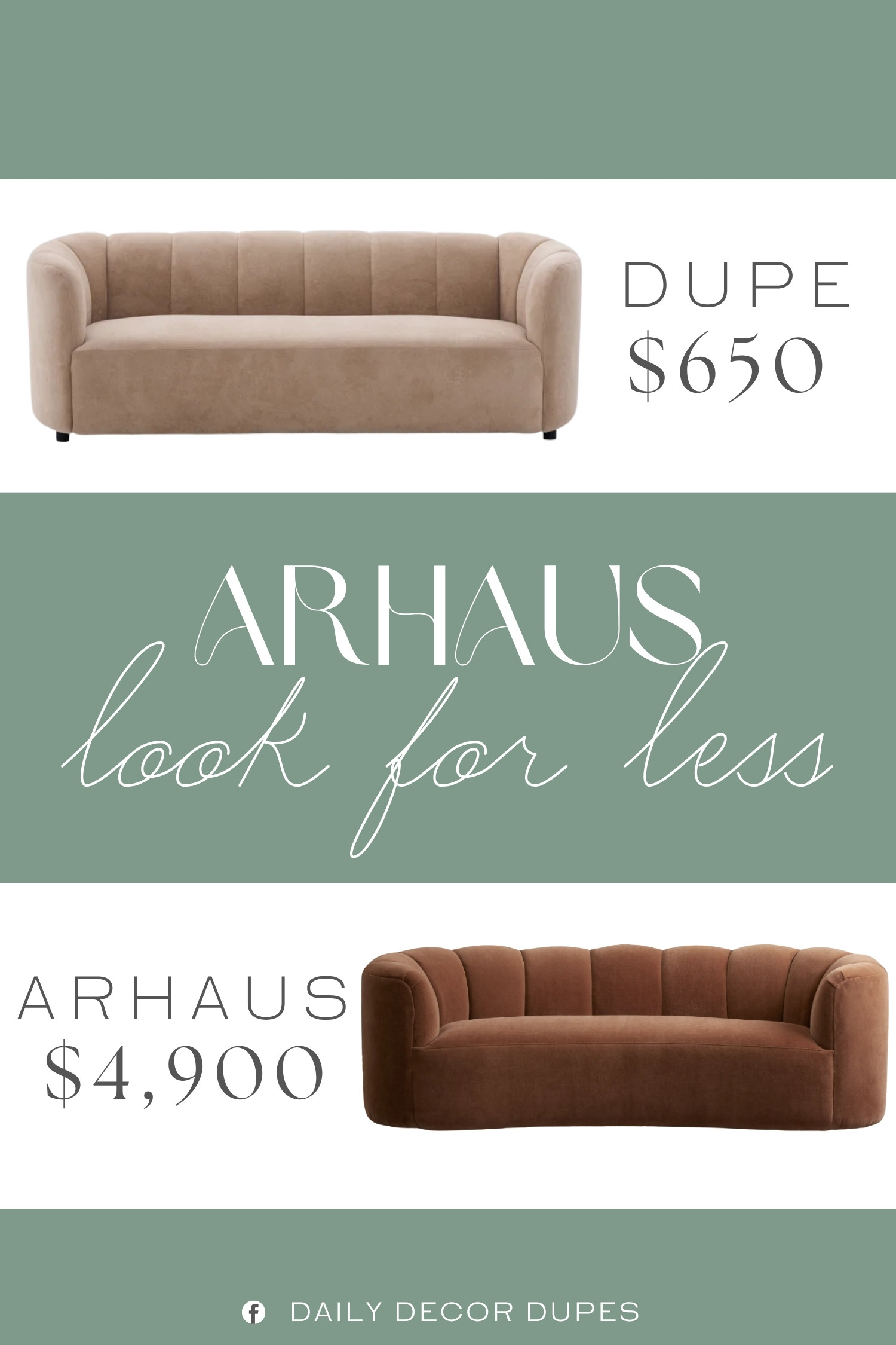 The Arhaus Amira Sofa features a rounded silhouette, channel-tufted back, gently curved arms, and plush upholstery that creates a cozy yet polished look. A similar style at around $650, compared with the $4,900 designer version shown, brings that elevated curved sofa aesthetic within a more approachable price range. It pairs beautifully with neutral rugs, warm wood accents, layered pillows, and textured throws for a welcoming living room that feels both refined and comfortable. 🛋️✨🏡

Home more affordable option find similar look for less budget friendly affordable cheap cheaper beautiful pretty. Clearance sale coupon code discount code promo code luxury Inspo inspiration inspired by idea ideas Love like these? I share multiple every day in my FB group.
#ArhausInspired #AmiraSofa #CurvedSofa #ChannelTuftedSofa #NeutralSofa #LivingRoomSofa #ModernLivingRoom #LivingRoomFurniture 

 #LTKHome