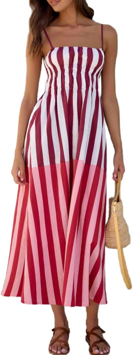 Ypser Women's Striped Maxi Dress Spaghetti Strap Summer Beach Sundress Casual Sleeveless Flowy Lo... | Amazon (US)