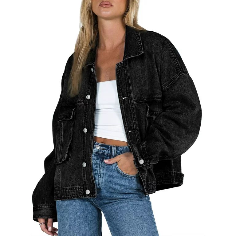 Eytino Jean Jackets for Women Fashion Denim Jacket Oversized Fall Shacket Jacket Button Up with P... | Walmart (US)